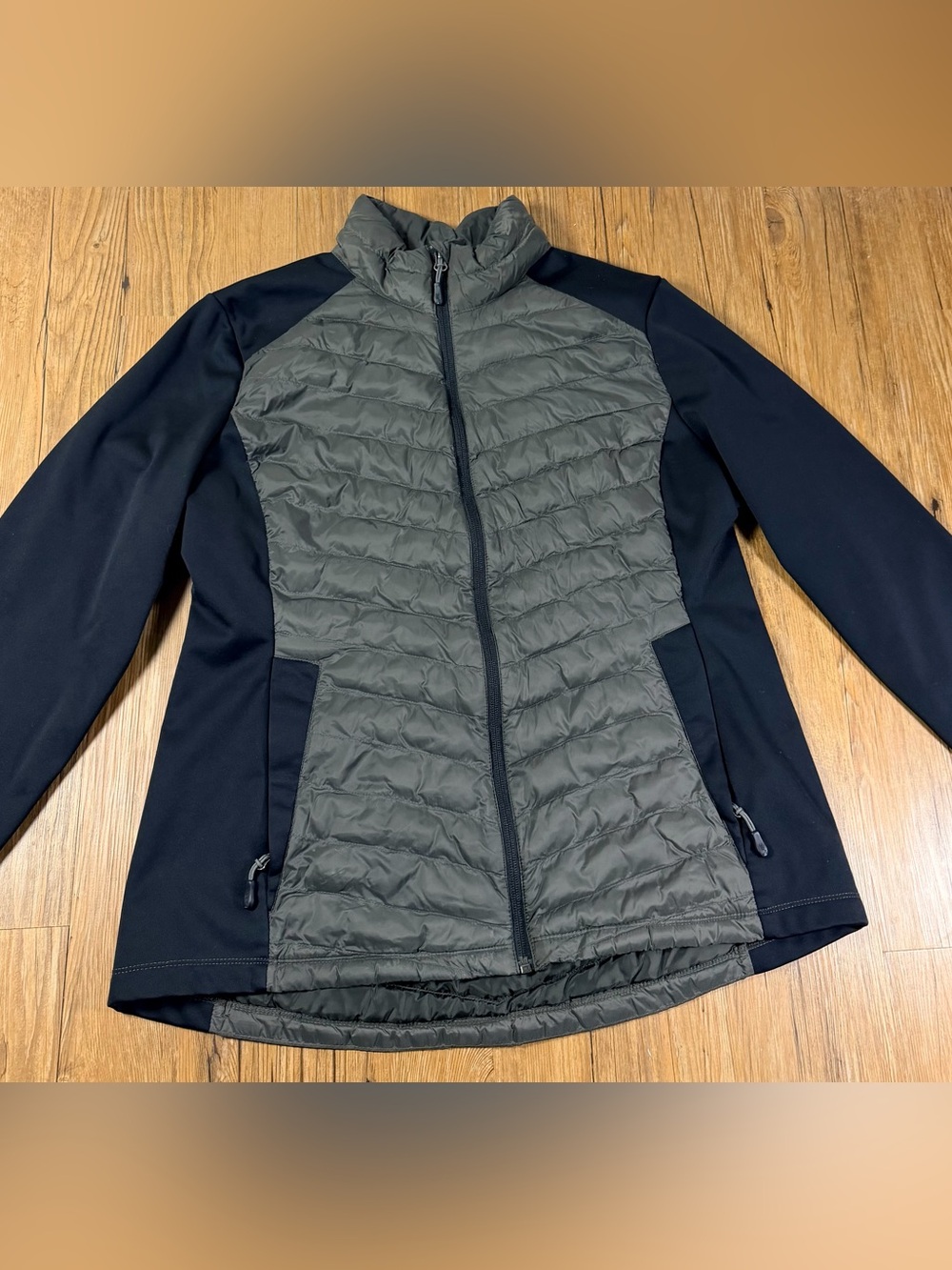32 Degrees Heat Womens L Hybrid Puffer Jacket Gray Black Quilted Full Zip